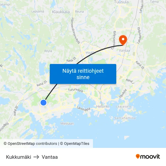 Kukkumäki to Vantaa map