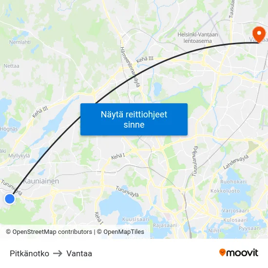 Pitkänotko to Vantaa map