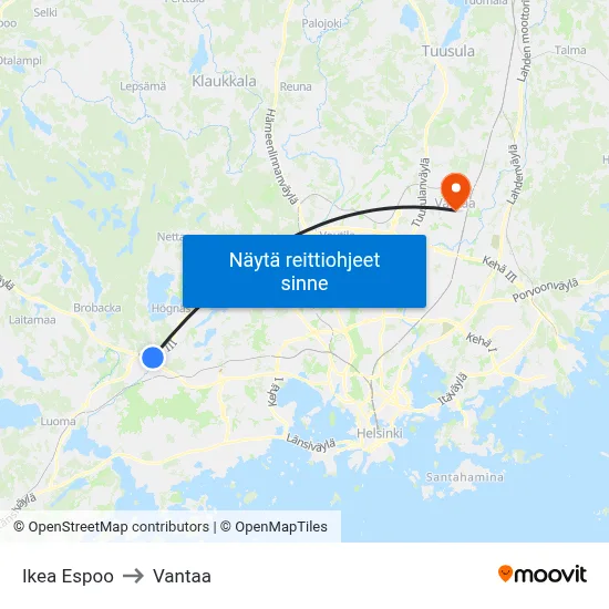 Ikea Espoo to Vantaa map