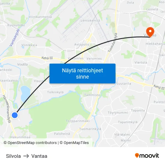Silvola to Vantaa map