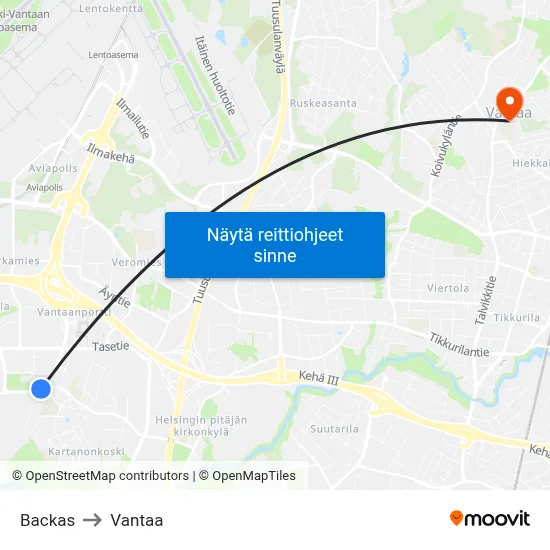 Backas to Vantaa map