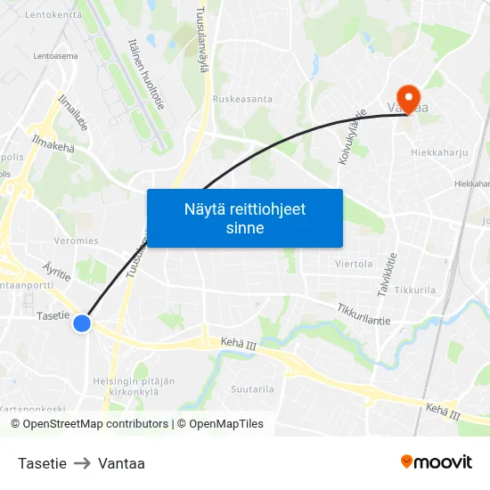 Tasetie to Vantaa map