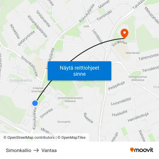 Simonkallio to Vantaa map