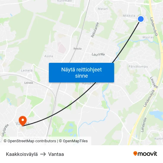 Kaakkoisväylä to Vantaa map