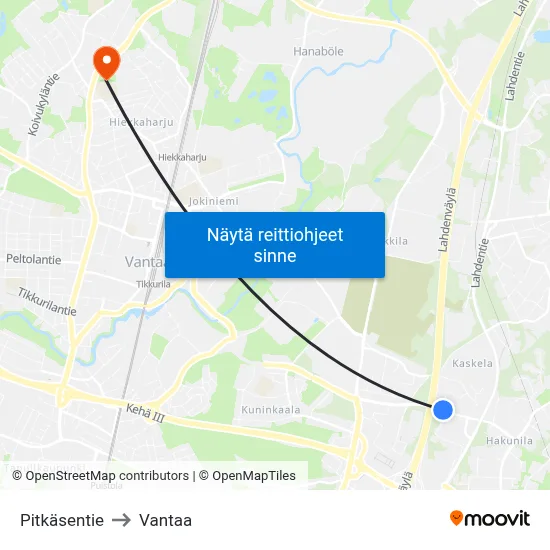 Pitkäsentie to Vantaa map