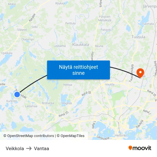 Veikkola to Vantaa map