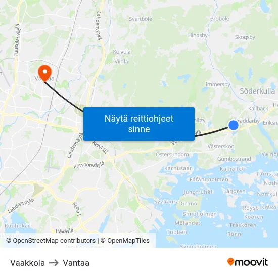 Vaakkola to Vantaa map
