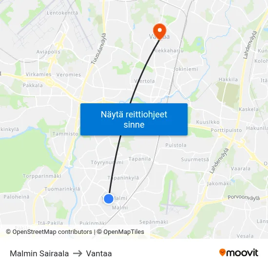 Malmin Sairaala to Vantaa map