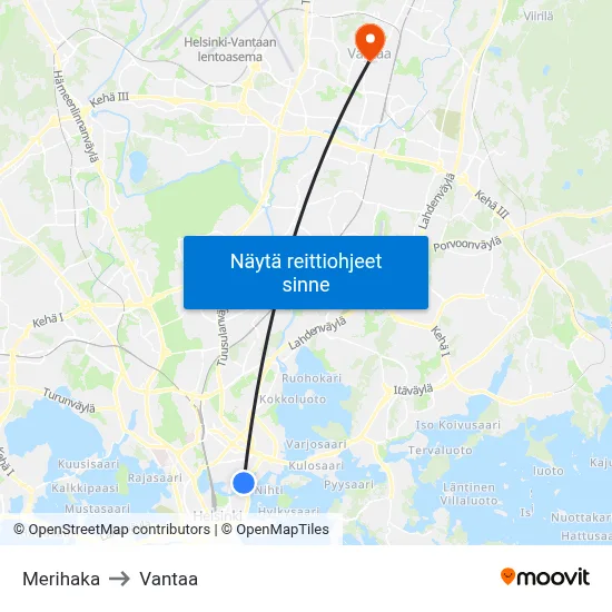 Merihaka to Vantaa map