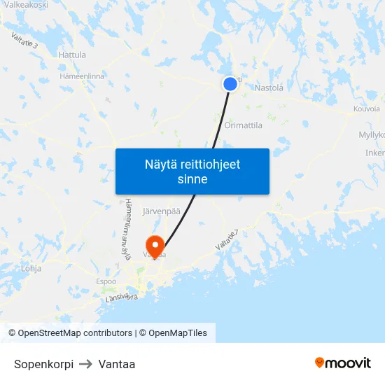Sopenkorpi to Vantaa map