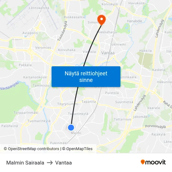 Malmin Sairaala to Vantaa map