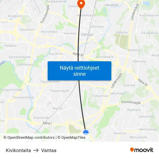 Kivikonlaita to Vantaa map