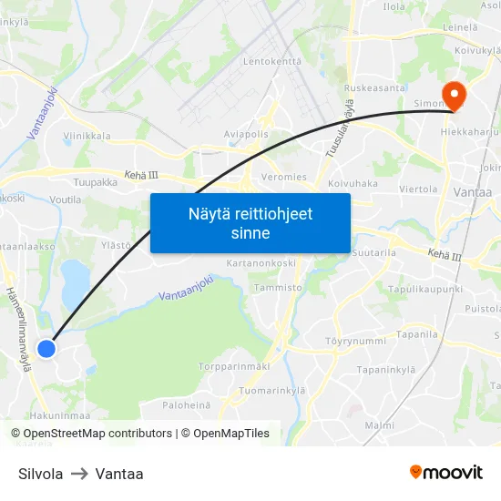 Silvola to Vantaa map