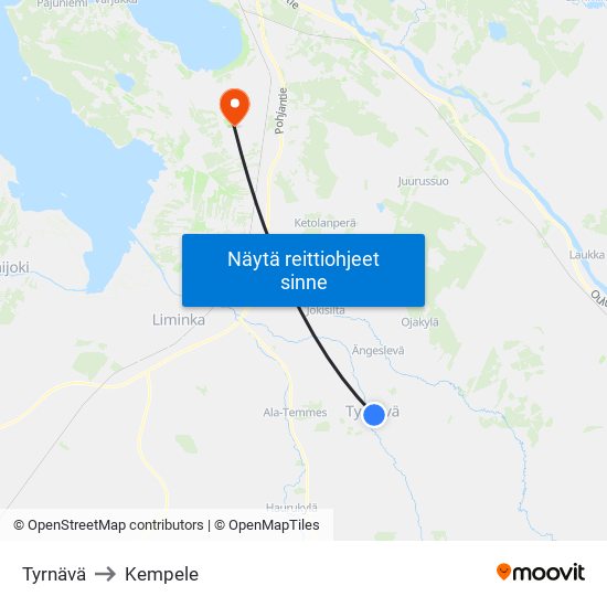 Tyrnävä to Kempele map