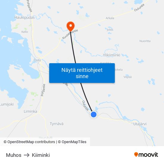 Muhos to Kiiminki map