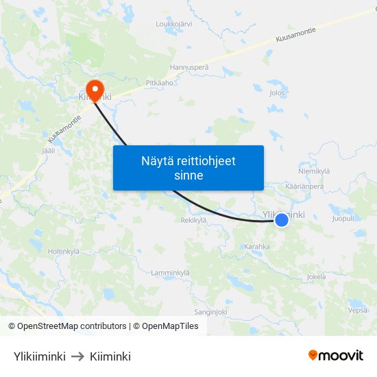 Ylikiiminki to Kiiminki map