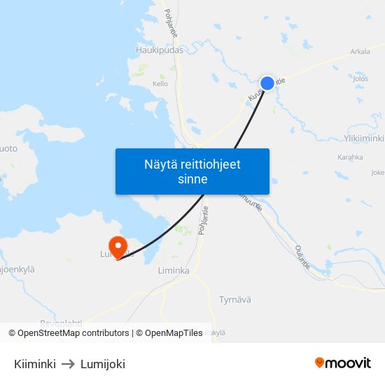 Kiiminki to Lumijoki map