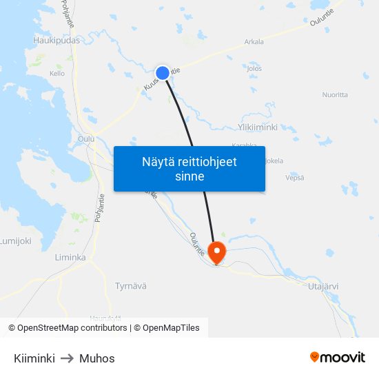 Kiiminki to Muhos map