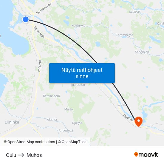 Oulu to Muhos map