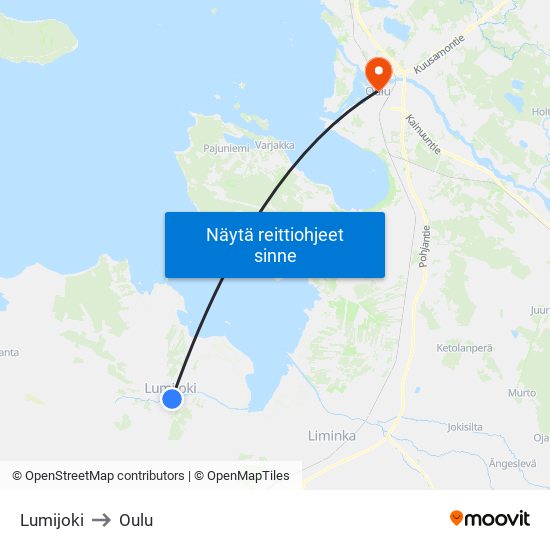 Lumijoki to Oulu map