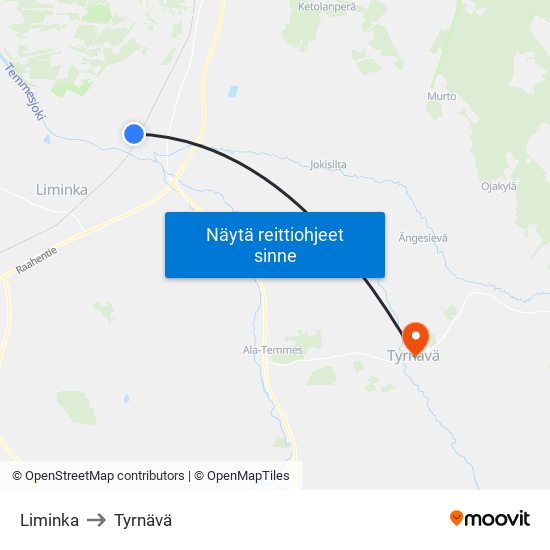 Liminka to Tyrnävä map