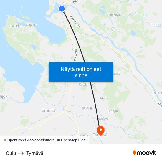 Oulu to Tyrnävä map