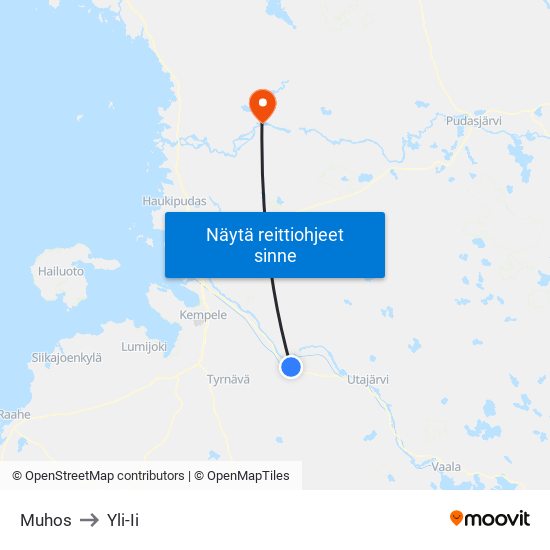 Muhos to Yli-Ii map