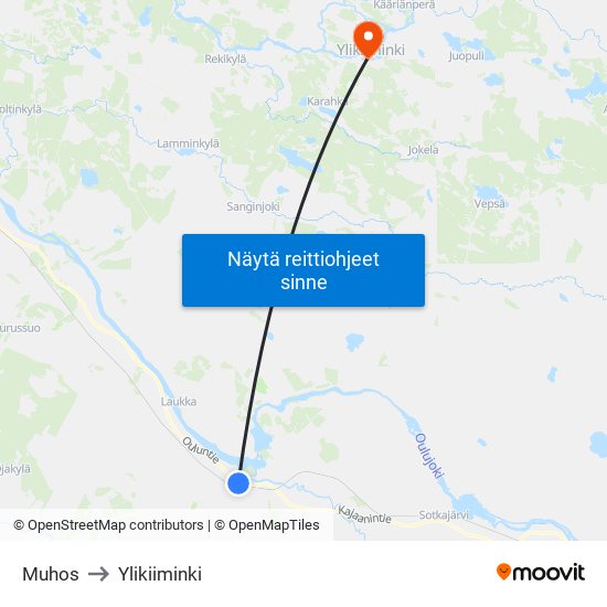 Muhos to Ylikiiminki map