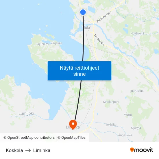 Koskela to Liminka map