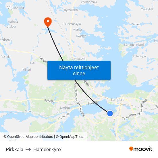 Pirkkala to Hämeenkyrö map