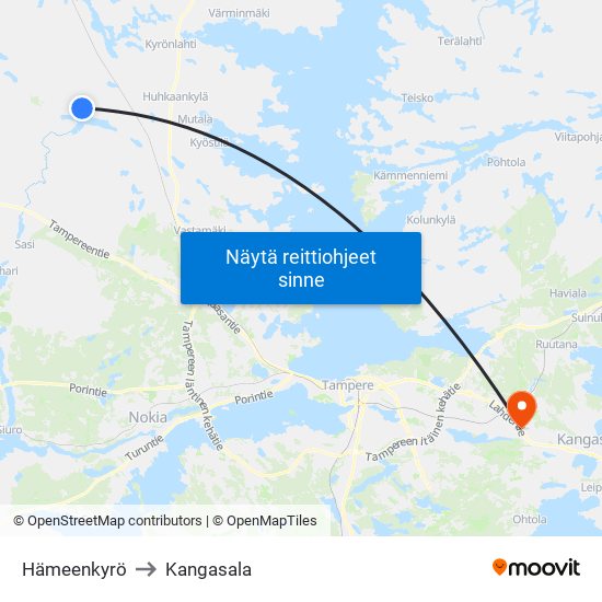 Hämeenkyrö to Kangasala map