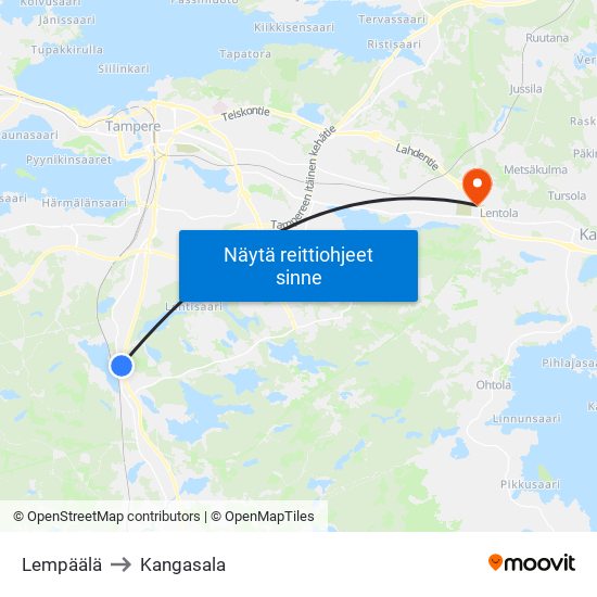 Lempäälä to Kangasala map