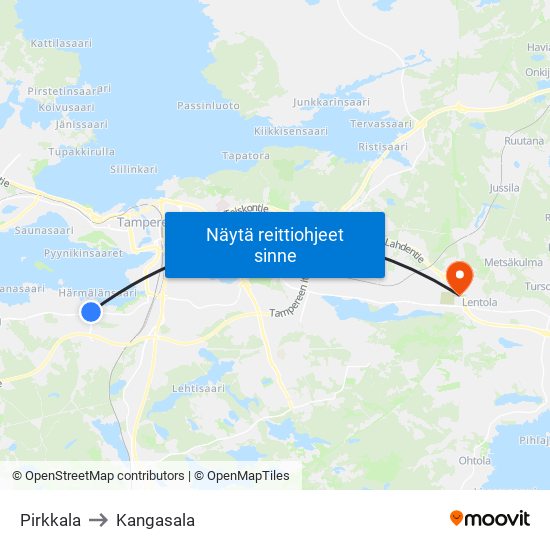 Pirkkala to Kangasala map