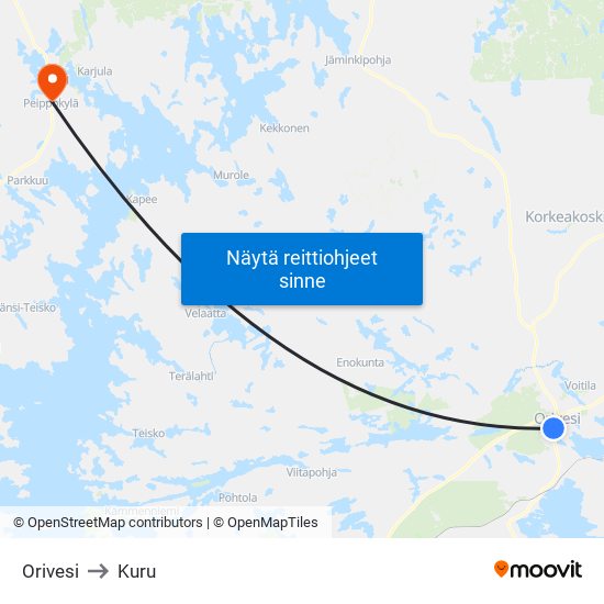 Orivesi to Kuru map