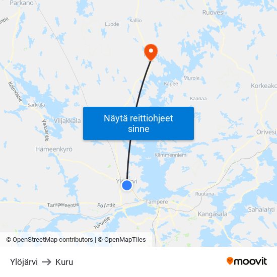 Ylöjärvi to Kuru map