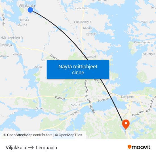 Viljakkala to Lempäälä map