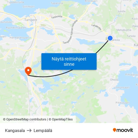 Kangasala to Lempäälä map