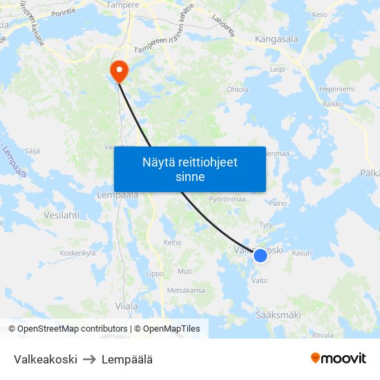 Valkeakoski to Lempäälä map