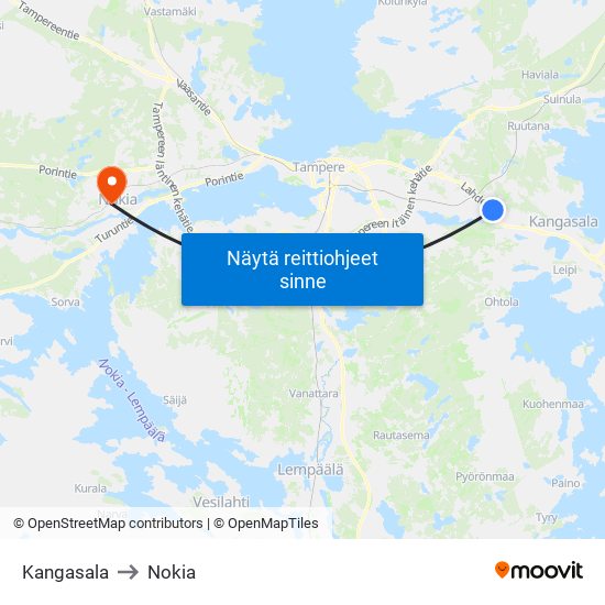 Kangasala to Nokia map