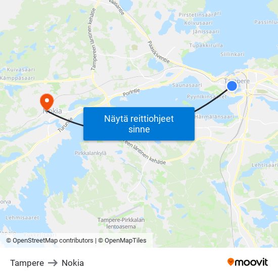 Tampere to Nokia map