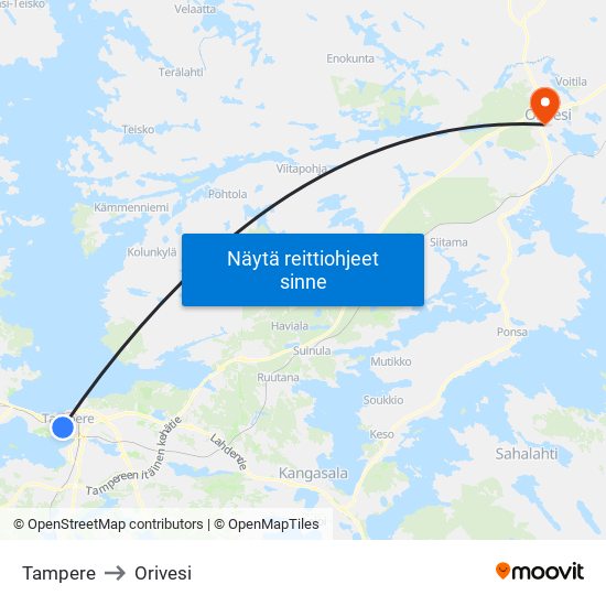 Tampere to Orivesi map