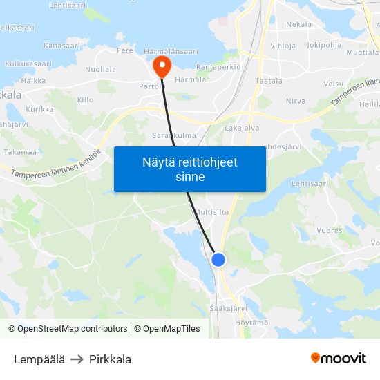 Lempäälä to Pirkkala map