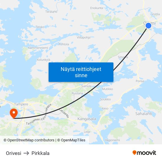 Orivesi to Pirkkala map