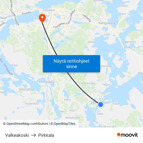 Valkeakoski to Pirkkala map