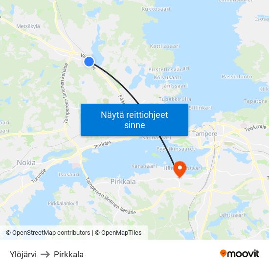 Ylöjärvi to Pirkkala map