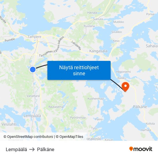 Lempäälä to Pälkäne map