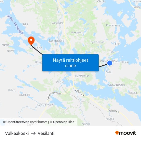 Valkeakoski to Vesilahti map