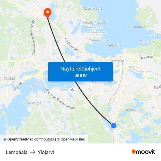 Lempäälä to Ylöjärvi map