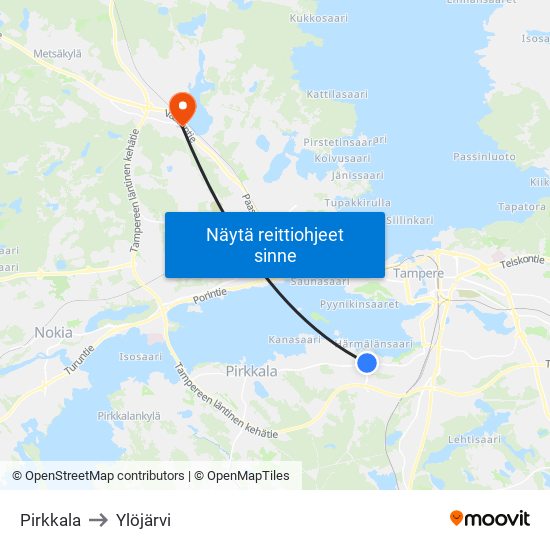 Pirkkala to Ylöjärvi map