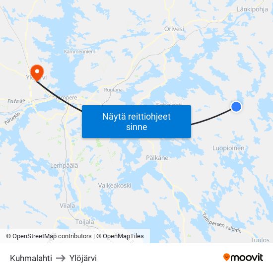Kuhmalahti to Ylöjärvi map